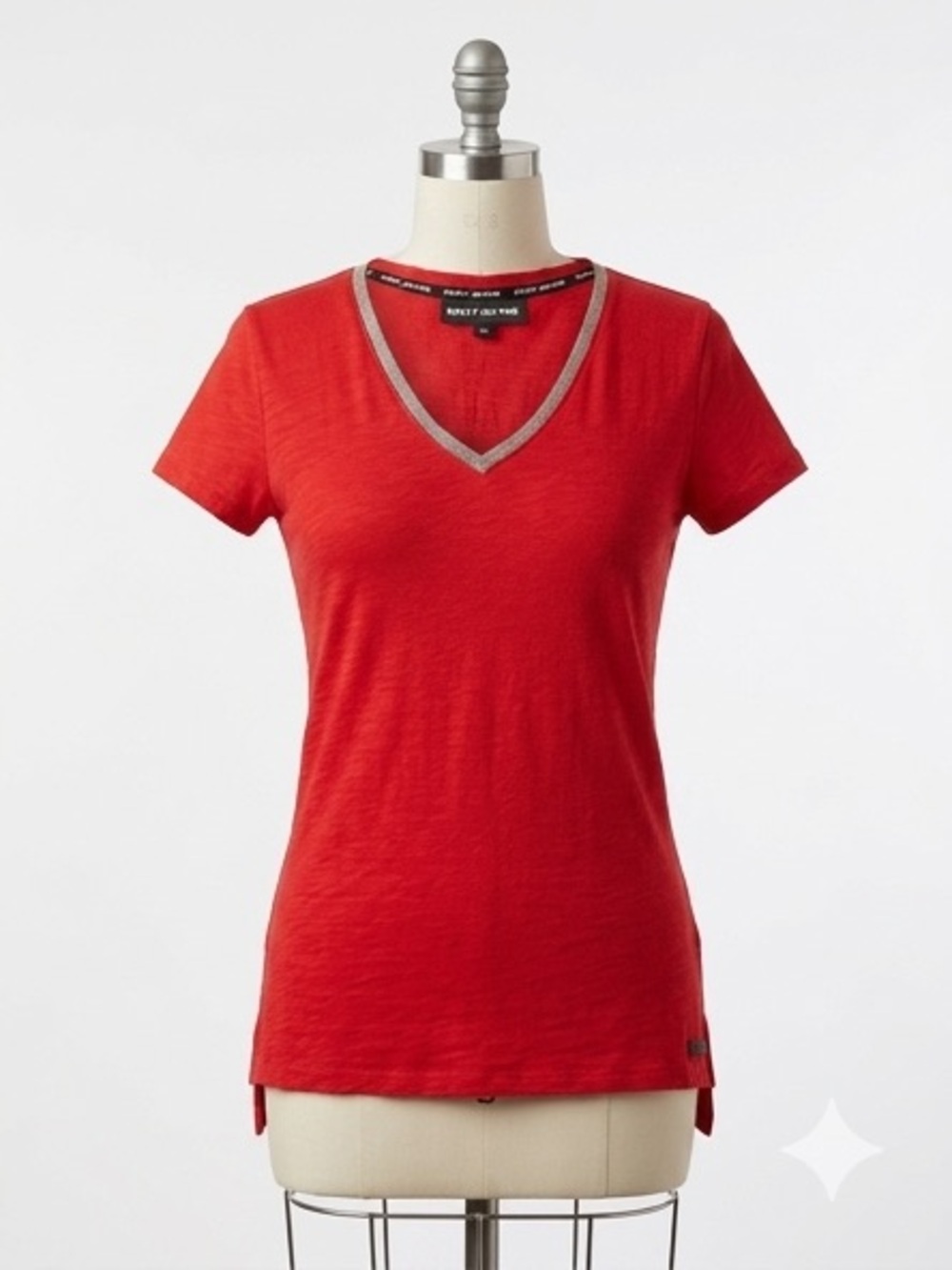 DKNY Red V-Neck Short Sleeve Tee with Contrast Trim